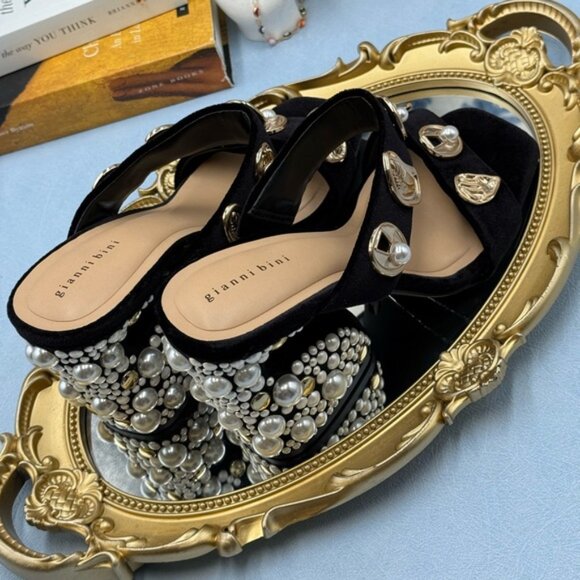 🆕 GIANNI BINI 🧿 NWOB Penei Velvet Pearl Surrealist Ornament Slide Sandal Sz5.5 - Picture 10 of 14